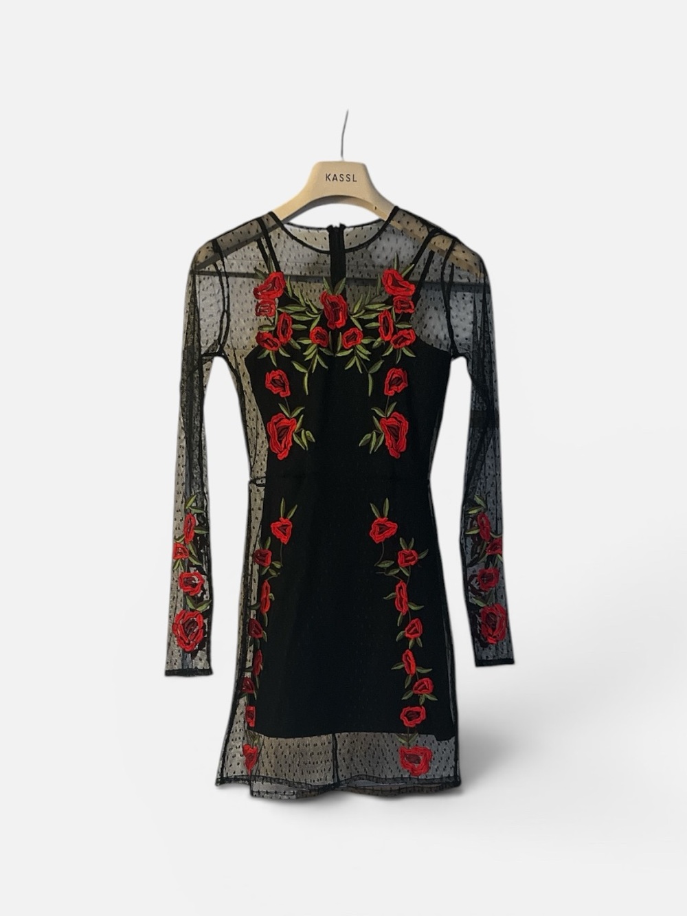 LOVERS + FRIENDS Long-Sleeve Dress with Red Rose Embroidery and Polka Dots